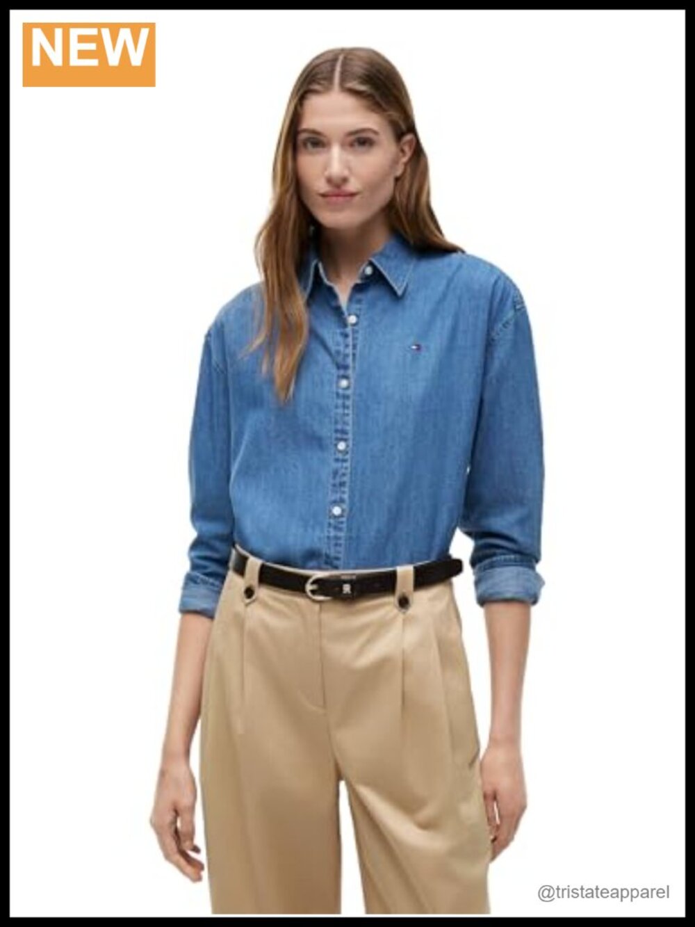 Women's Cotton Long Sleeve Denim Button Down Shirt, Boxy Fit
